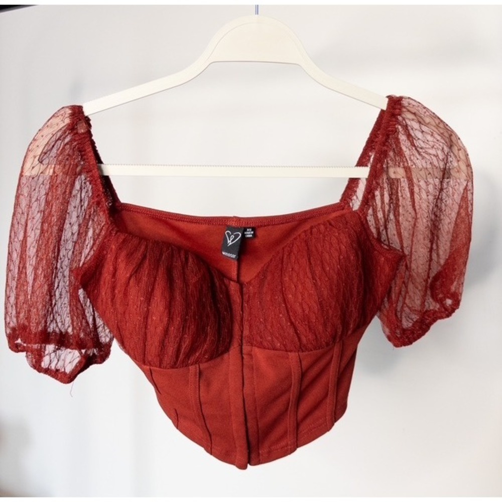 Windsor Rust Red Corset Crop Top Sheer Swiss Dot Puff Sleeve XS Bustier